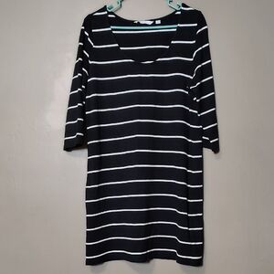 Isaac Mizrahi Live Black W White Stripe 3/4 Sleeve Shirt Dress Size L